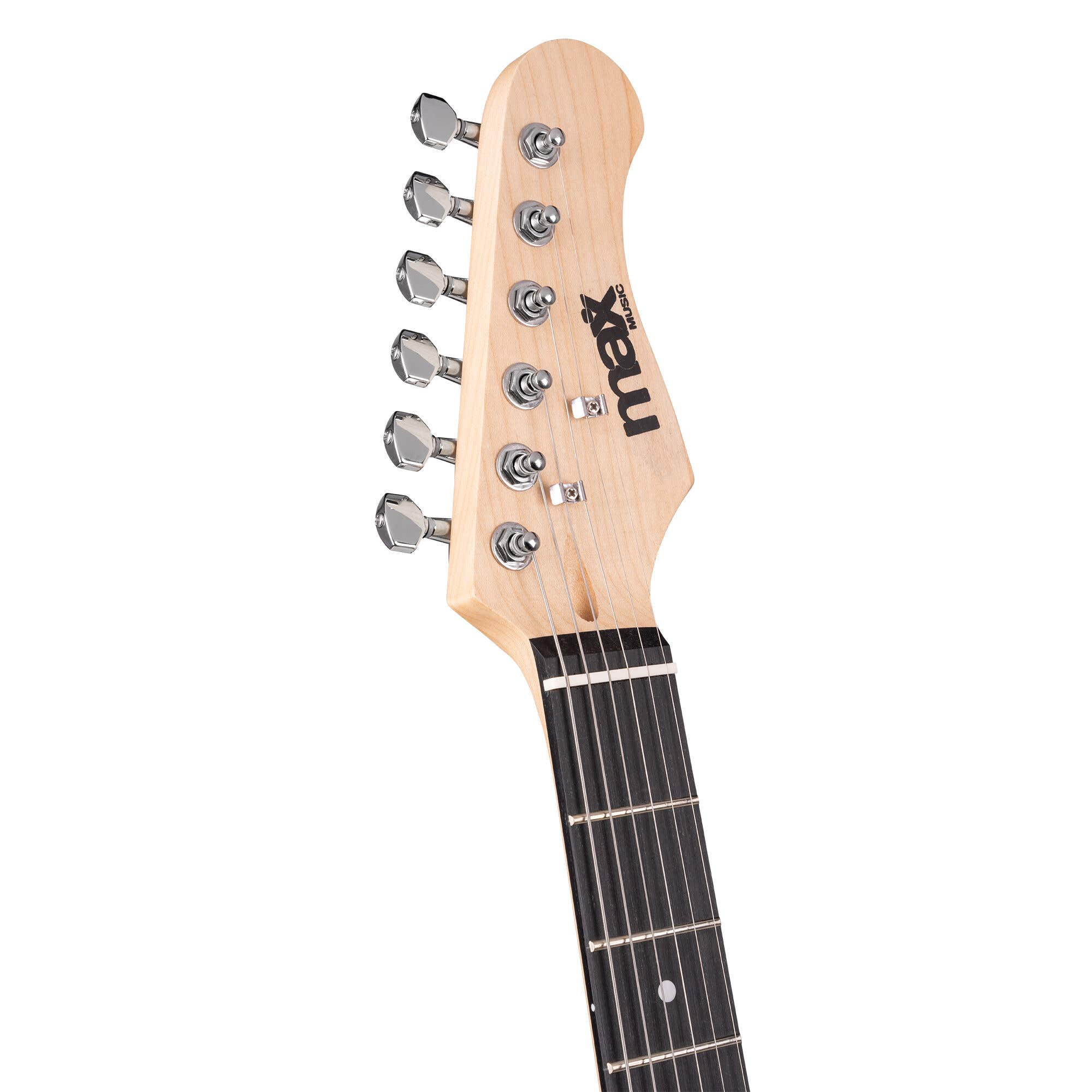 Primer plano del clavijero de la guitarra con clavijas de afinación. Con texto 'max music'.