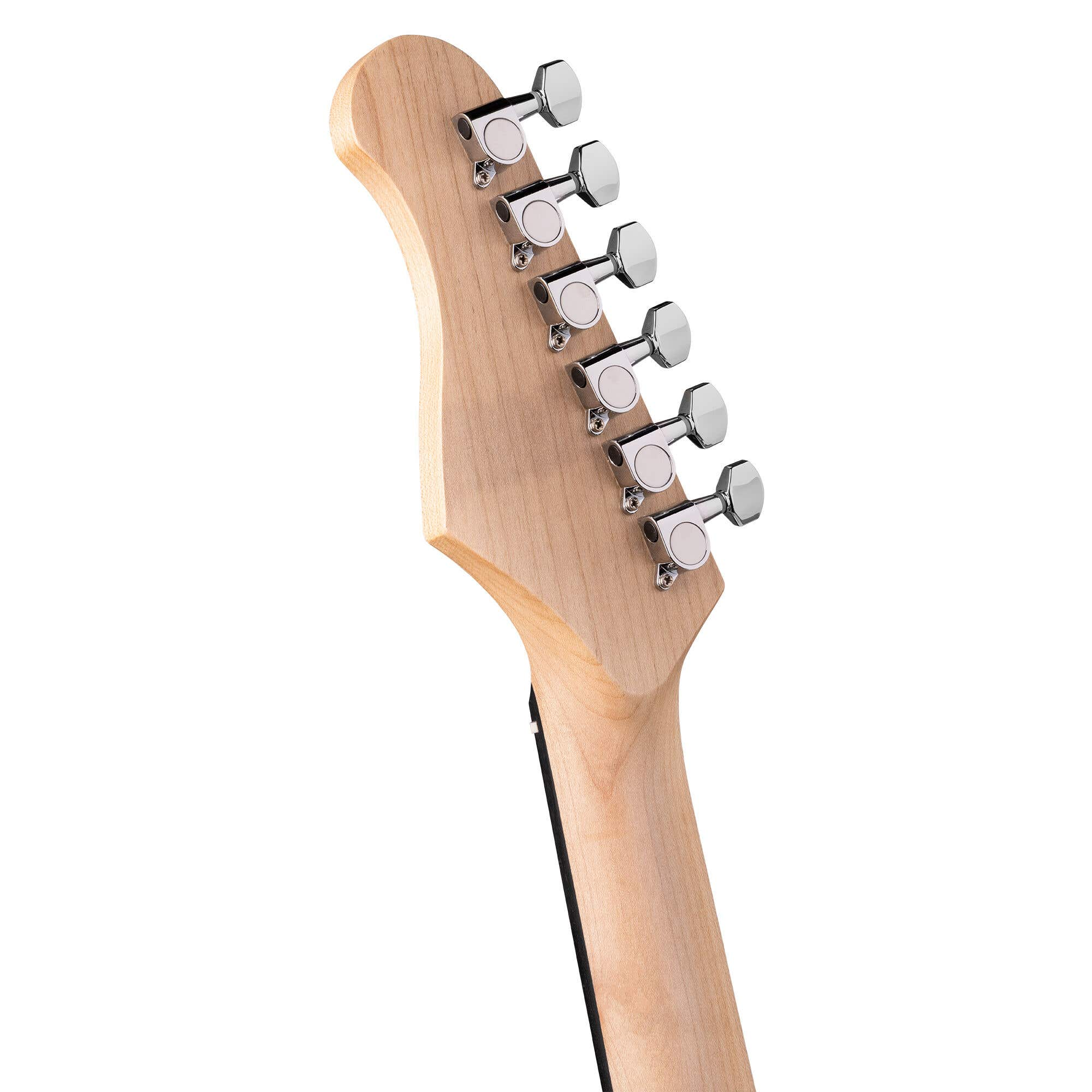 Primer plano de clavijero de guitarra con clavijas cromadas. Mástil y clavijero de madera.