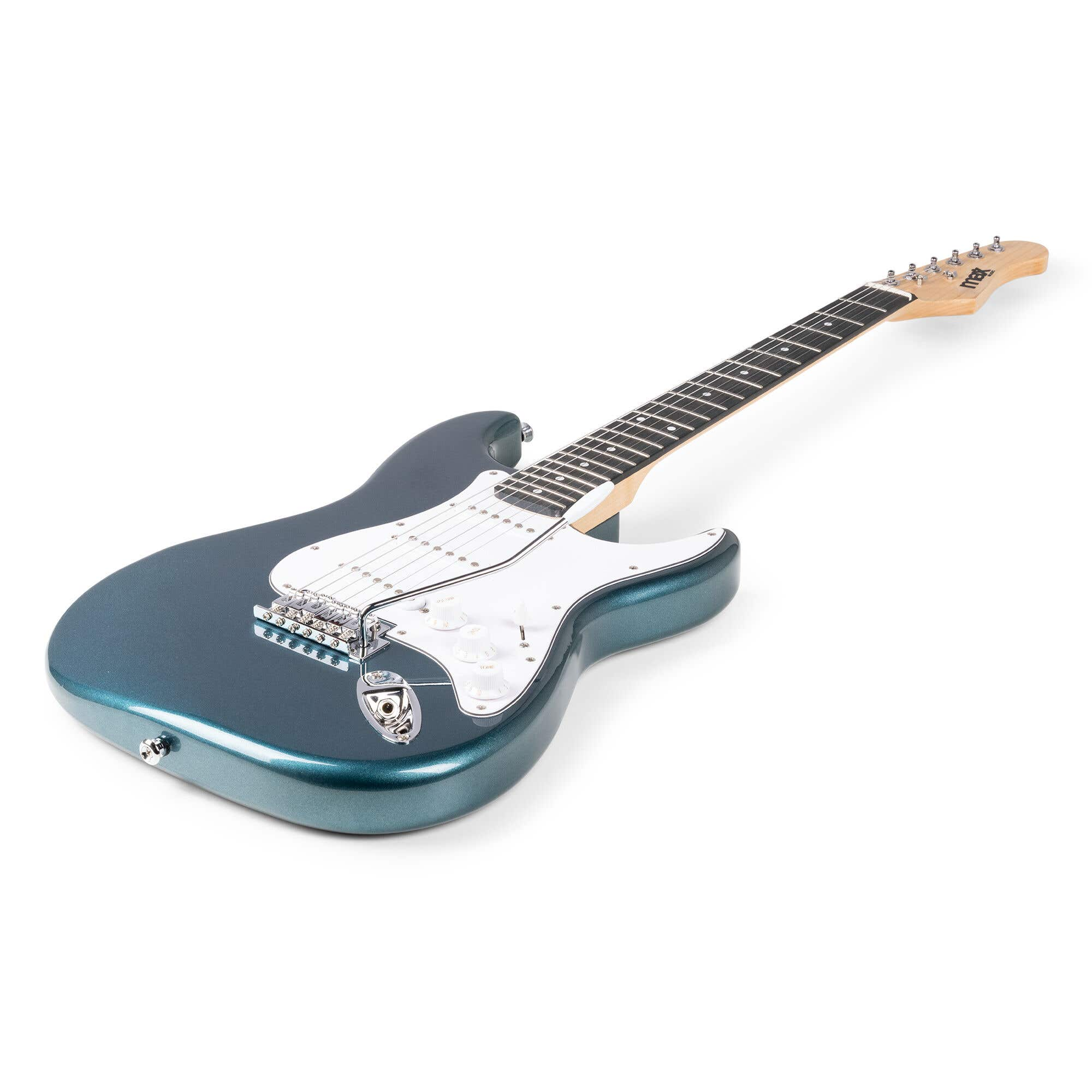 Guitarra eléctrica azul sobre fondo blanco, en ángulo diagonal.