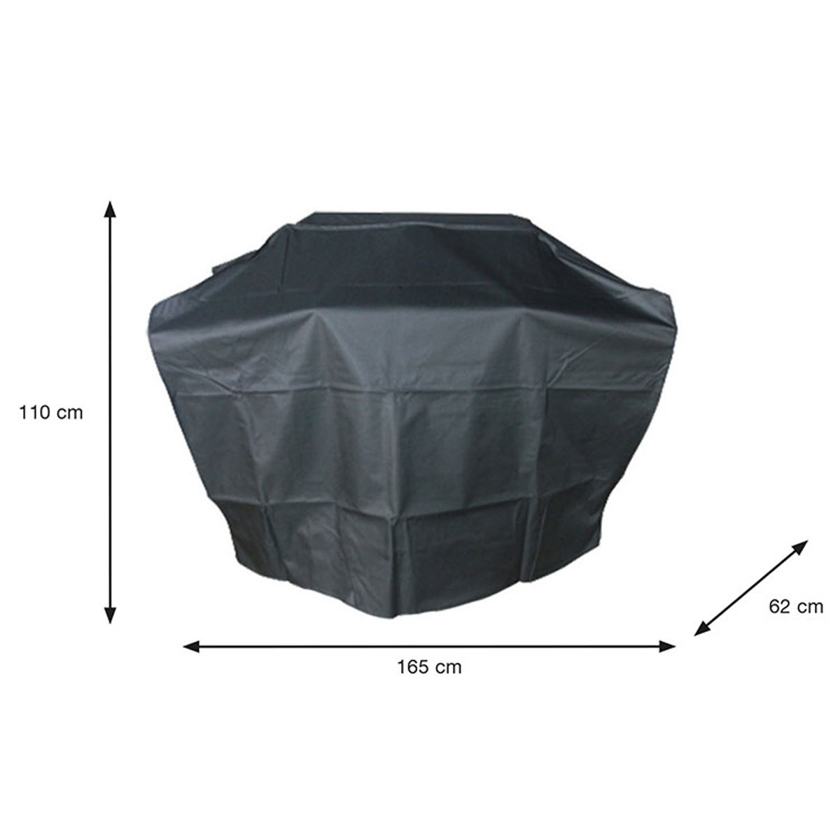 Black grill cover with dimensions of 165 cm x 110 cm x 62 cm. It is placed on a white surface.