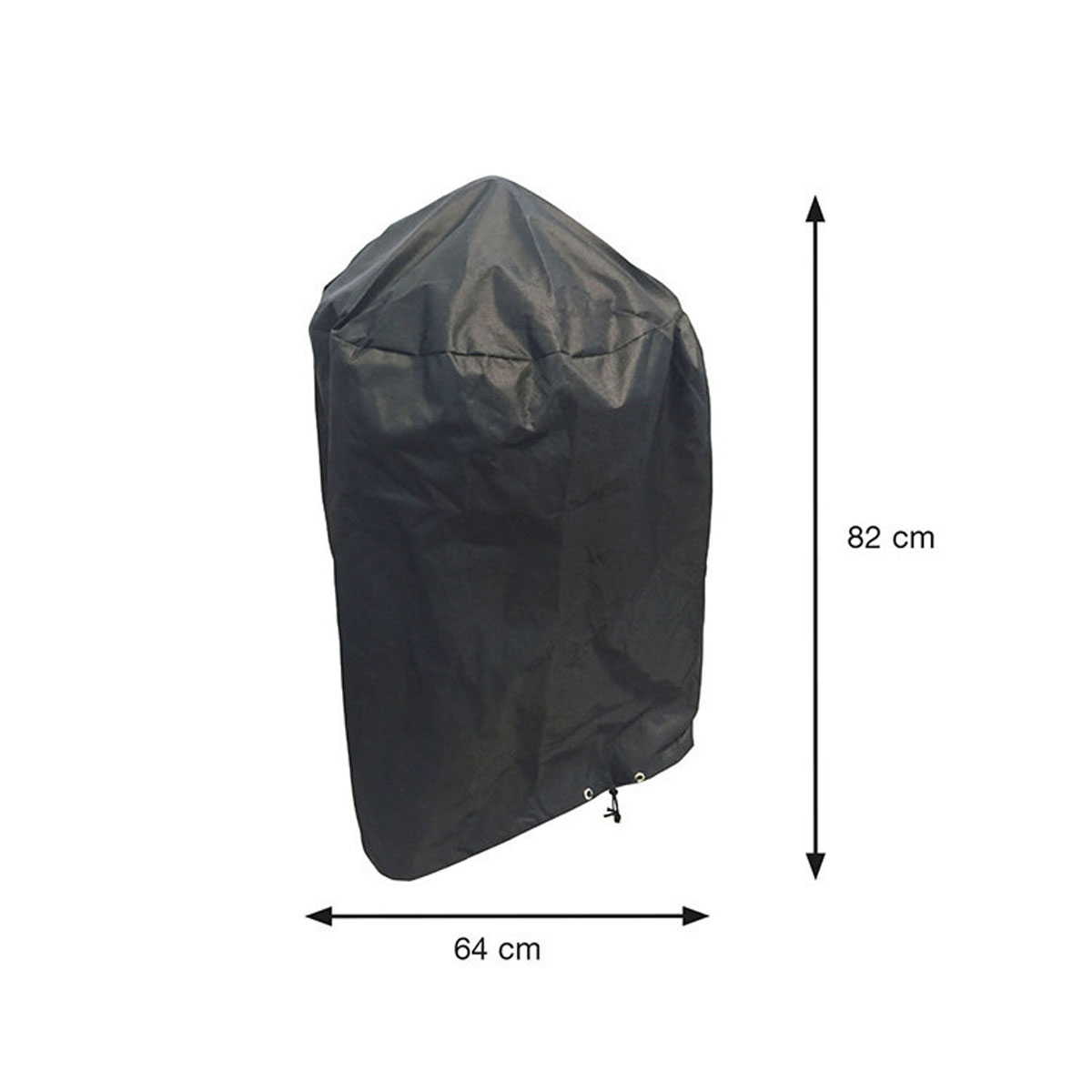 Black grill cover with dimensions of 64 cm x 82 cm. The cover is on a white surface.