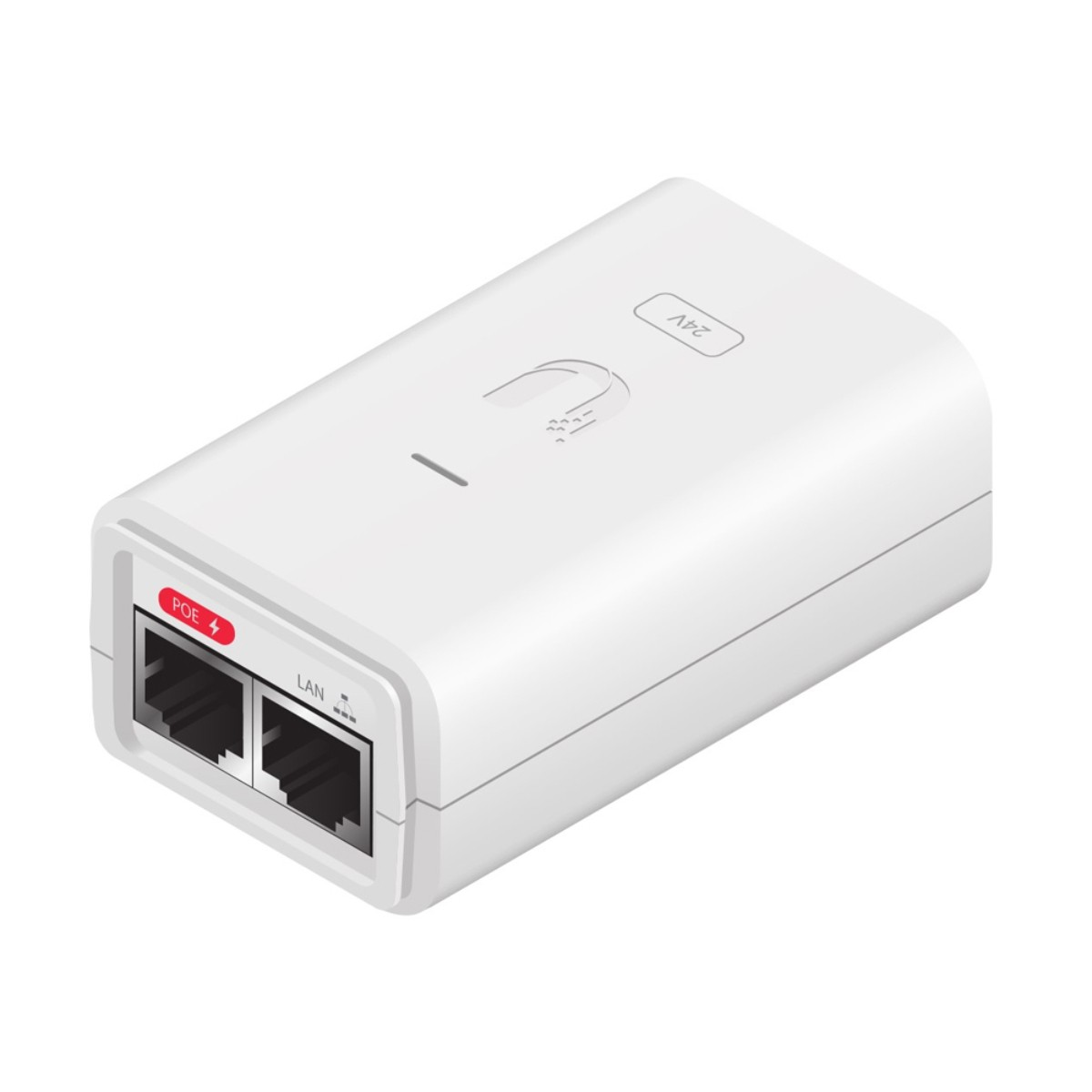 Dispositivo de red blanco con puertos POE y LAN, etiqueta 24V.