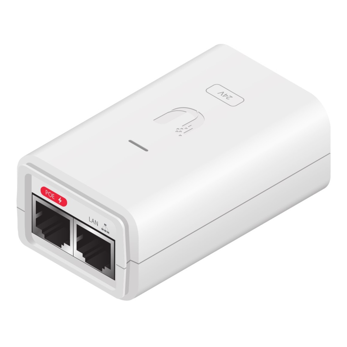 Un adaptador PoE blanco y rectangular con dos puertos etiquetados PoE y LAN.
