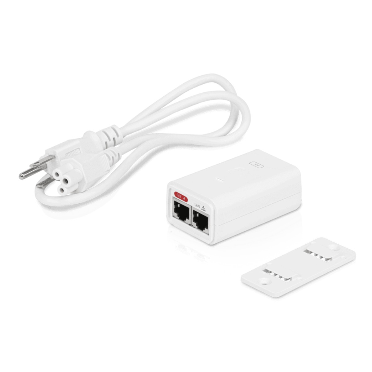 Adaptador de corriente blanco con dos puertos y cable.