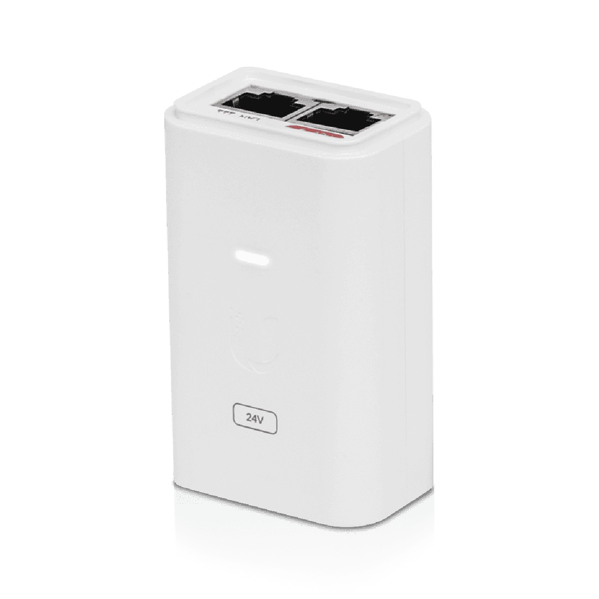Dispositivo de red blanco con dos puertos y etiqueta 24V.