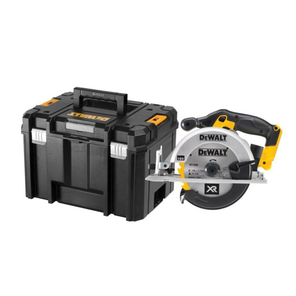 Schwarz-gelbe DeWalt Kreissäge und eine schwarze DeWalt Werkzeugbox mit Griff.