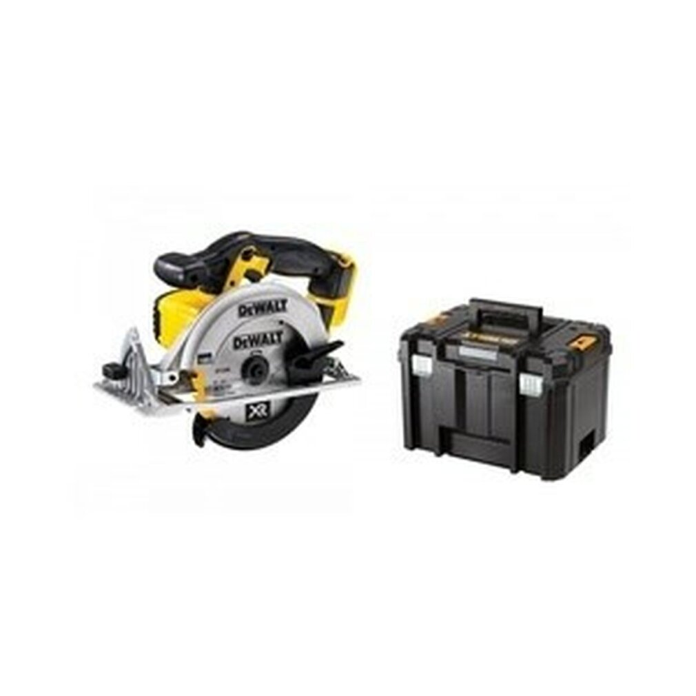 Eine gelb-schwarze DeWalt Kreissäge und eine schwarze Werkzeugkiste. Beide stehen auf einer weißen Oberfläche.