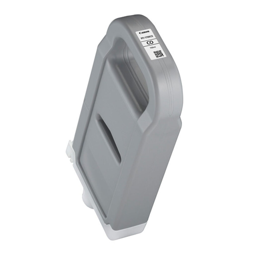 Een grijze Canon inktcartridge, gelabeld met 'CO', op een wit oppervlak, schuine weergave.
