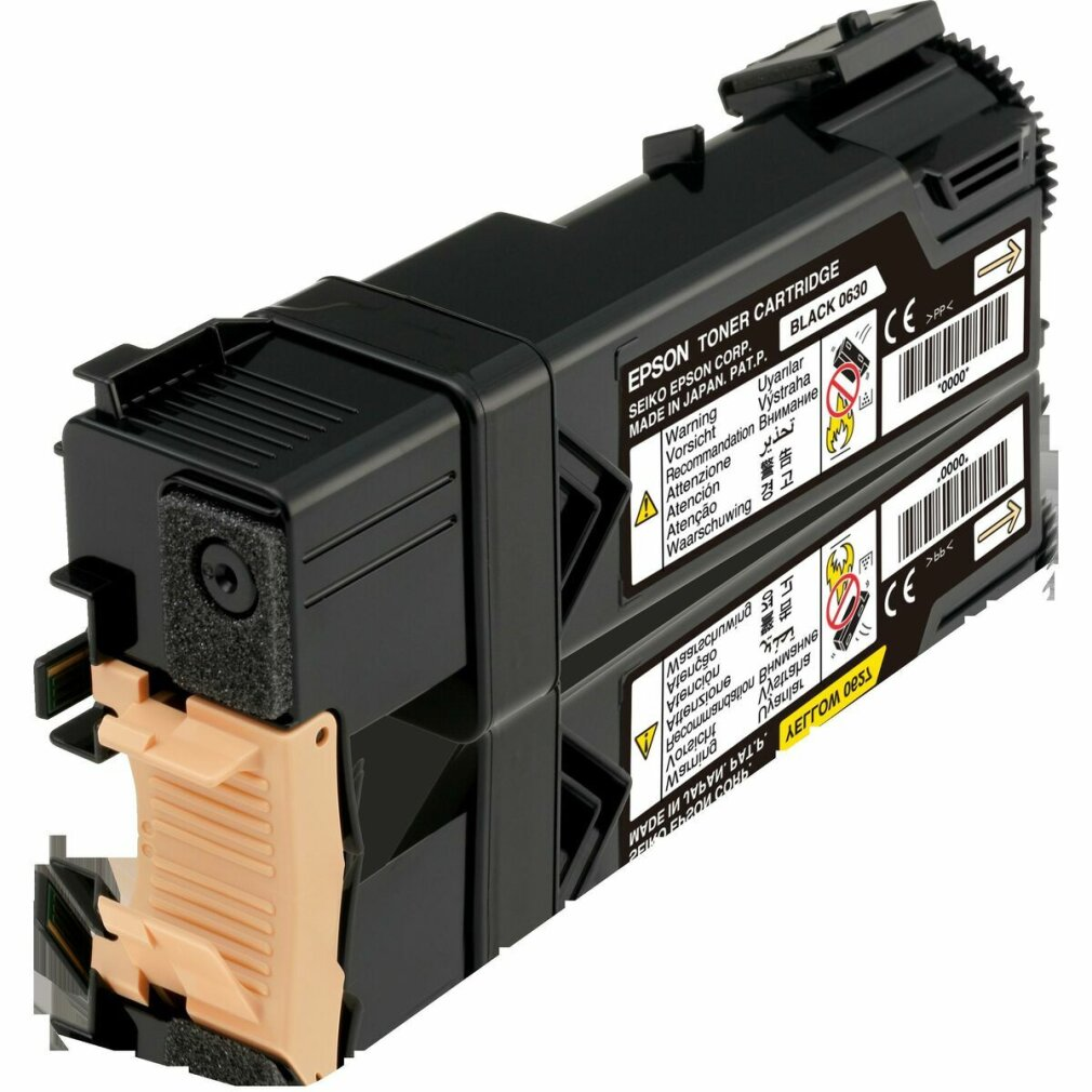 Due cartucce toner Epson nere impilate. Sono visibili dettagli beige. Sono presenti testi ed etichette.