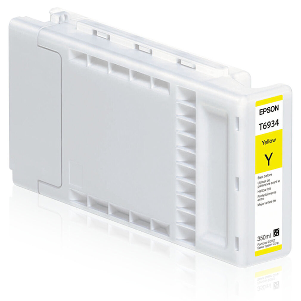 Eine weiße Epson-Tintenpatrone, beschriftet mit T6934, mit gelben Akzenten. Sie befindet sich auf weißem Hintergrund.