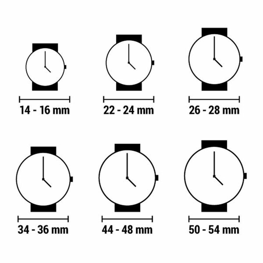 Sei disegni lineari di orologi. Mostrati con intervalli di dimensioni: 14-16 mm, 22-24 mm, 26-28 mm, 34-36 mm, 44-48 mm e 50-54 mm.