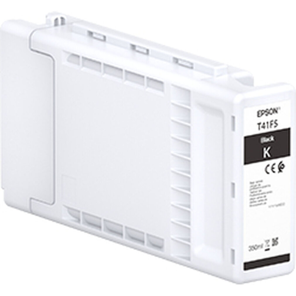 Een witte Epson inktcartridge. Het heeft tekst en de kleur zwart. De tekst is T41FS.
