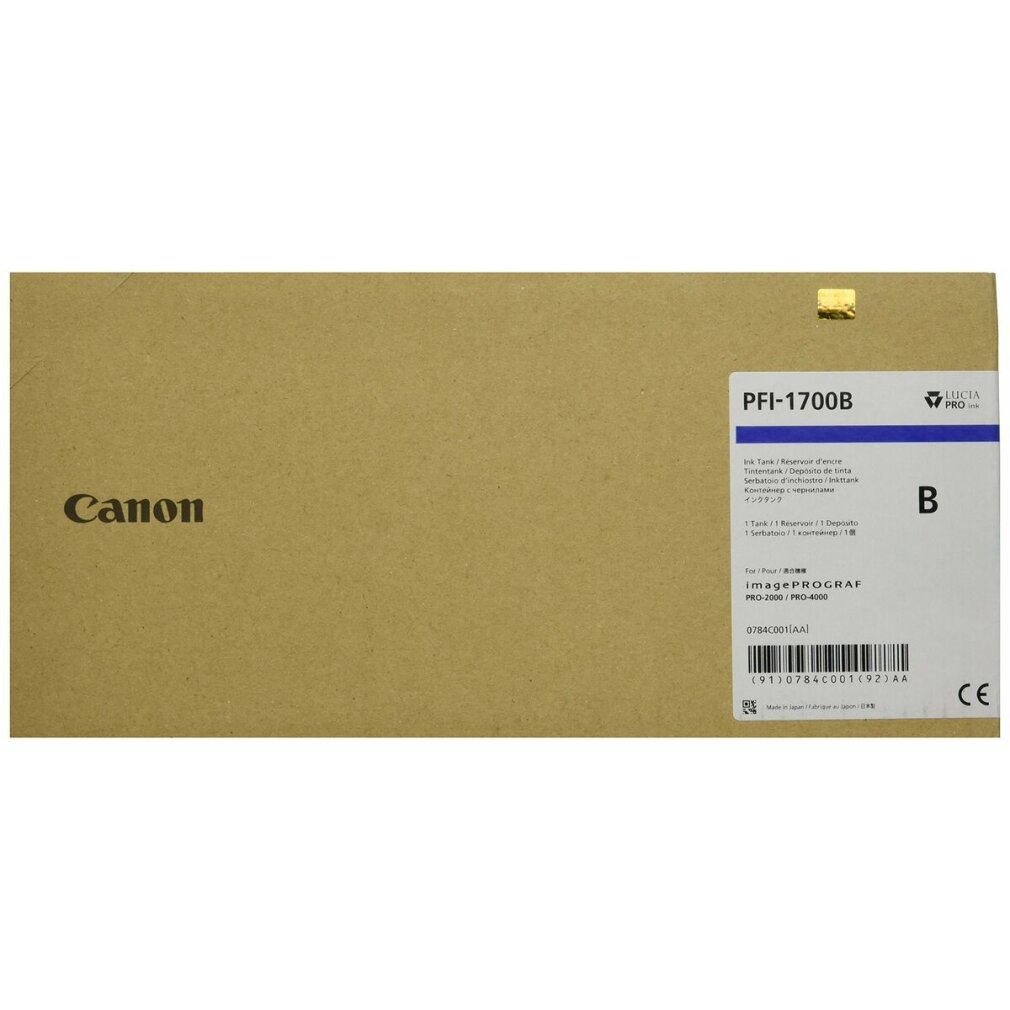 Een kartonnen doos met tekst. De doos heeft Canon erop en een PFI-1700B-label.