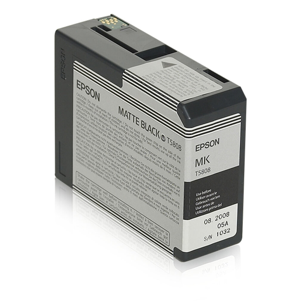 Una cartuccia di inchiostro nero opaco Epson. Ha del testo e una data del 08/2008.