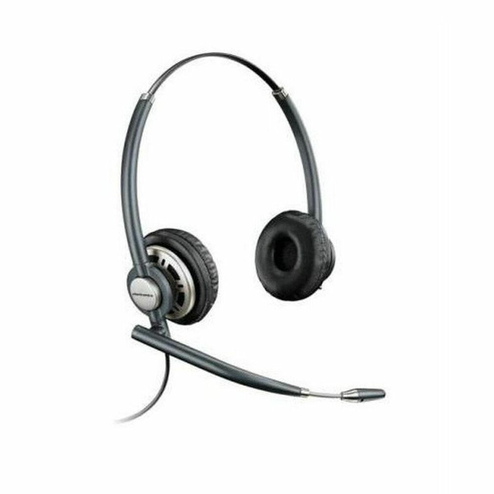 Un casque Plantronics noir et gris. Il possède un microphone et deux écouteurs.
