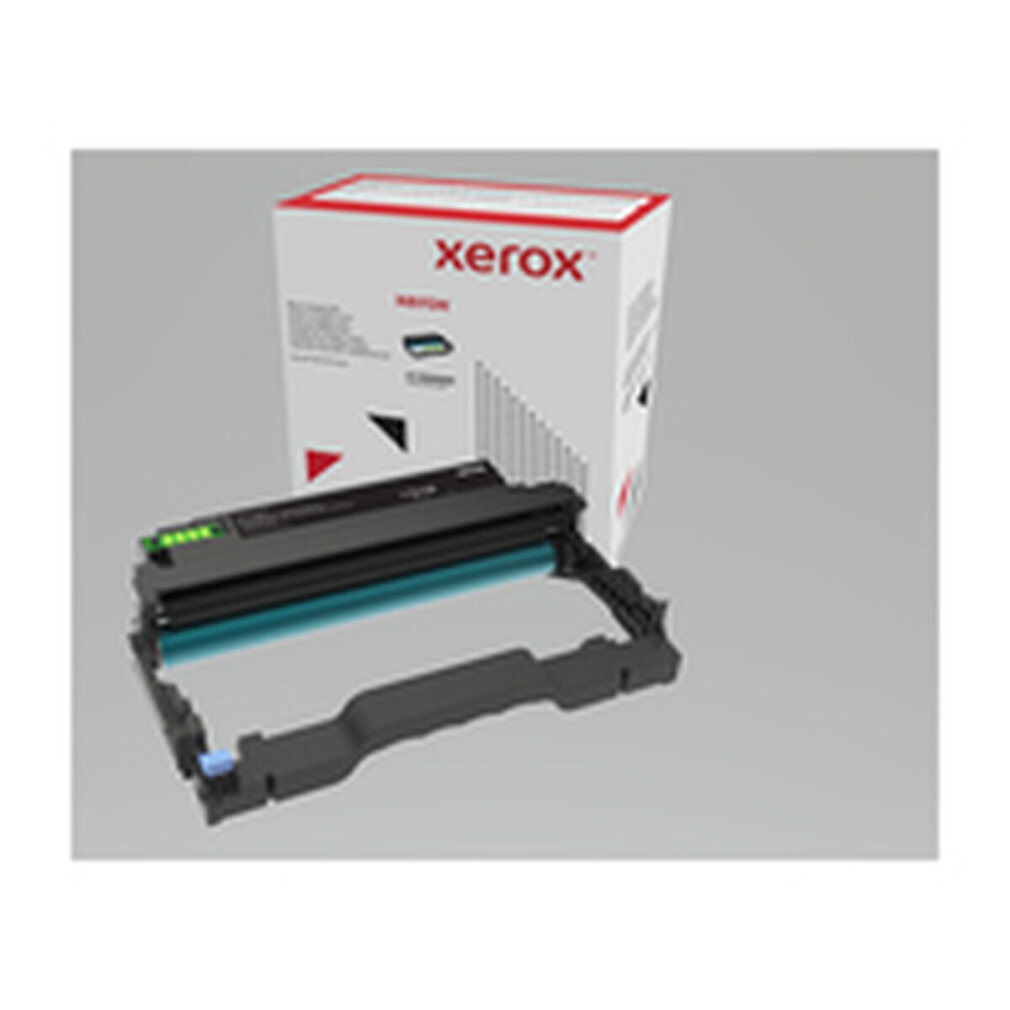Xerox Tonerkartusche und -box. Der schwarze Toner ist in einem grauen Rahmen, weisse Box im Hintergrund.