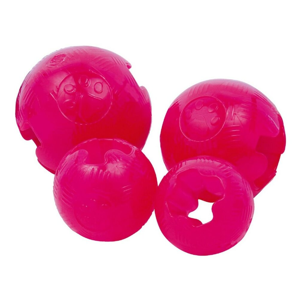 Vier pinkfarbene Hundespielzeugbälle. Zwei haben Pfotenabdrücke. Zwei sind rund, zwei haben Löcher. Weiss.