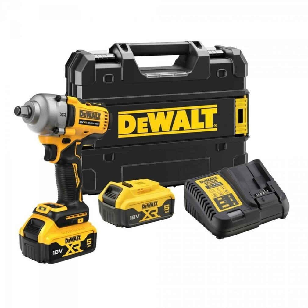 Una llave de impacto DeWalt, batería, cargador y una maleta de transporte negra.