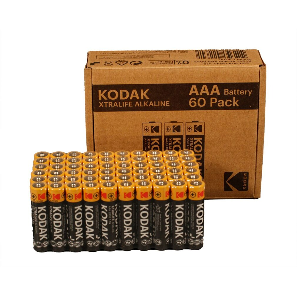 Eine Schachtel Kodak AAA-Batterien mit einem Stapel Batterien davor.