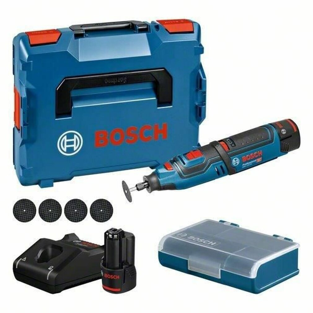 Bosch Akku-Rotationswerkzeug, Koffer, Akku, Ladegerät und ein kleiner Teilebehälter.