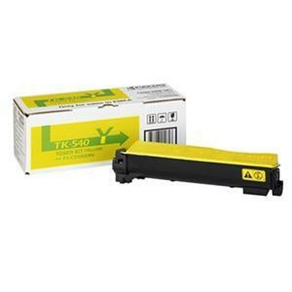 Scatola della cartuccia del toner. La scatola è bianca e gialla con testo e un simbolo di freccia verde.