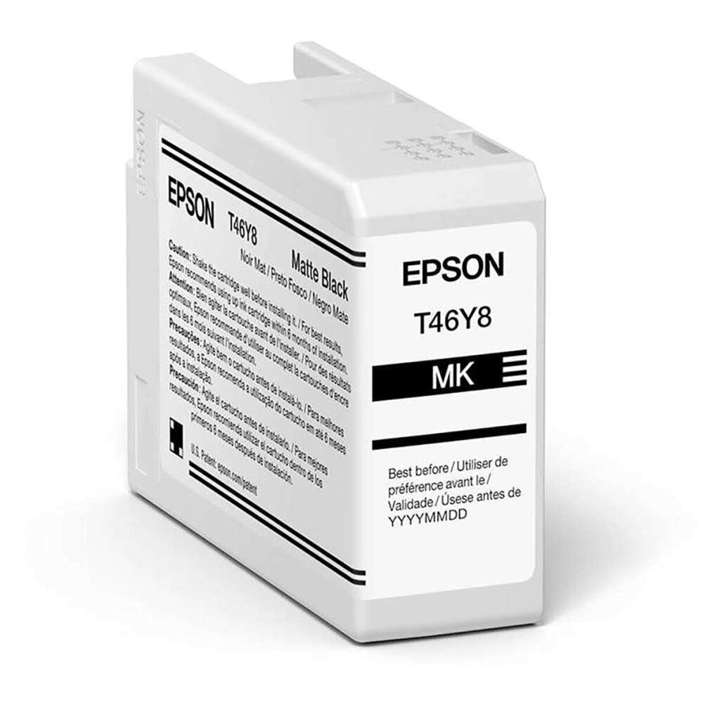 Wkład atramentowy Epson T46Y8 Matte Black z informacjami o produkcie na etykiecie.