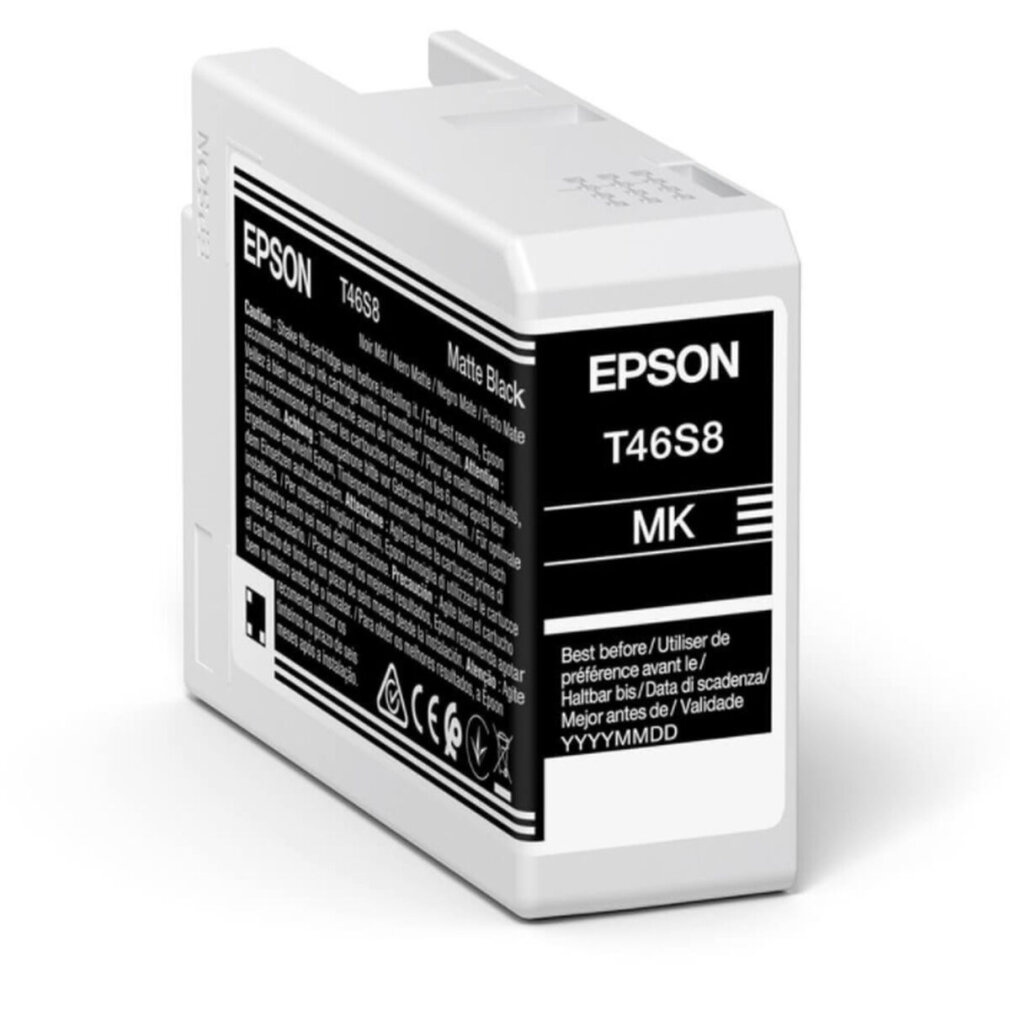 Wkład atramentowy Epson T46S8 Matte Black z informacjami o produkcie na etykiecie.