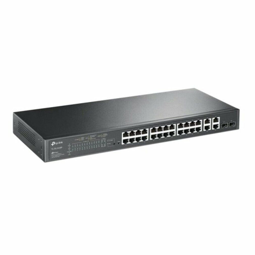 Commutateur réseau TP-Link. Le commutateur est noir avec de nombreux ports à l'avant. Le commutateur est rectangulaire.