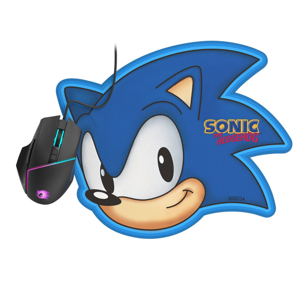 Sonic the Hedgehog-Mauspad mit einer Gaming-Maus. Das Mauspad ist blau mit Sonics Gesicht. Die Maus ist schwarz.