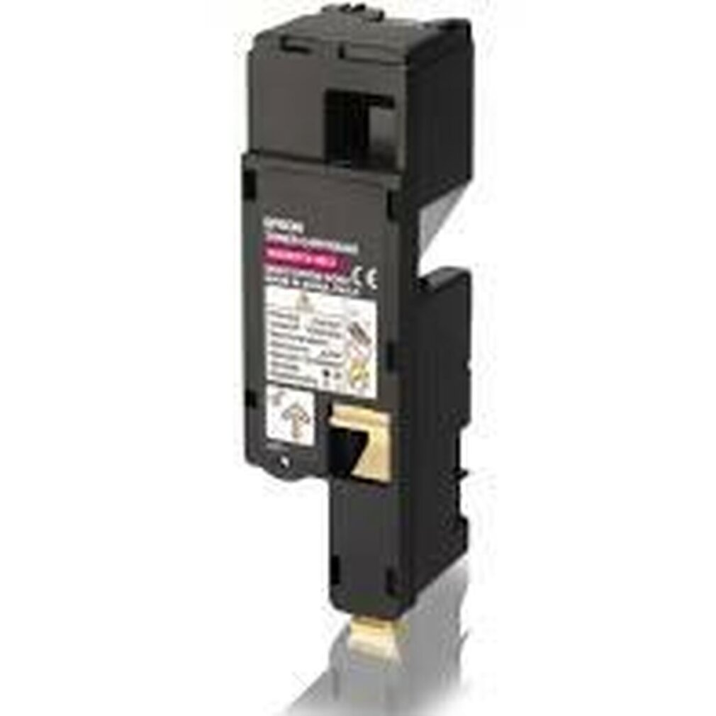 Zwarte inktcartridge. Merk Epson met roze en wit etiket. Goudkleur op het onderste deel.