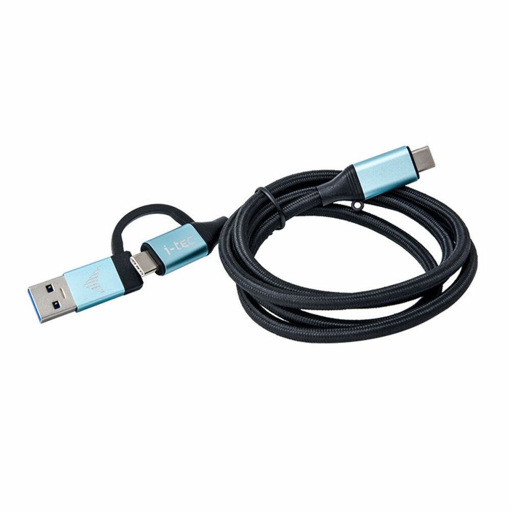 Cavo USB-C nero con connettori blu. Un'estremità è USB, l'altra USB-C. Marchio i-tec.