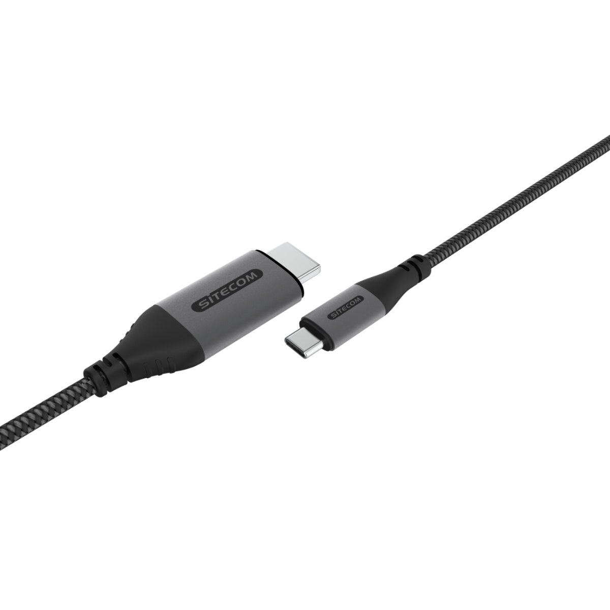 Cavo USB-C nero con connettori grigi. Il cavo è intrecciato.