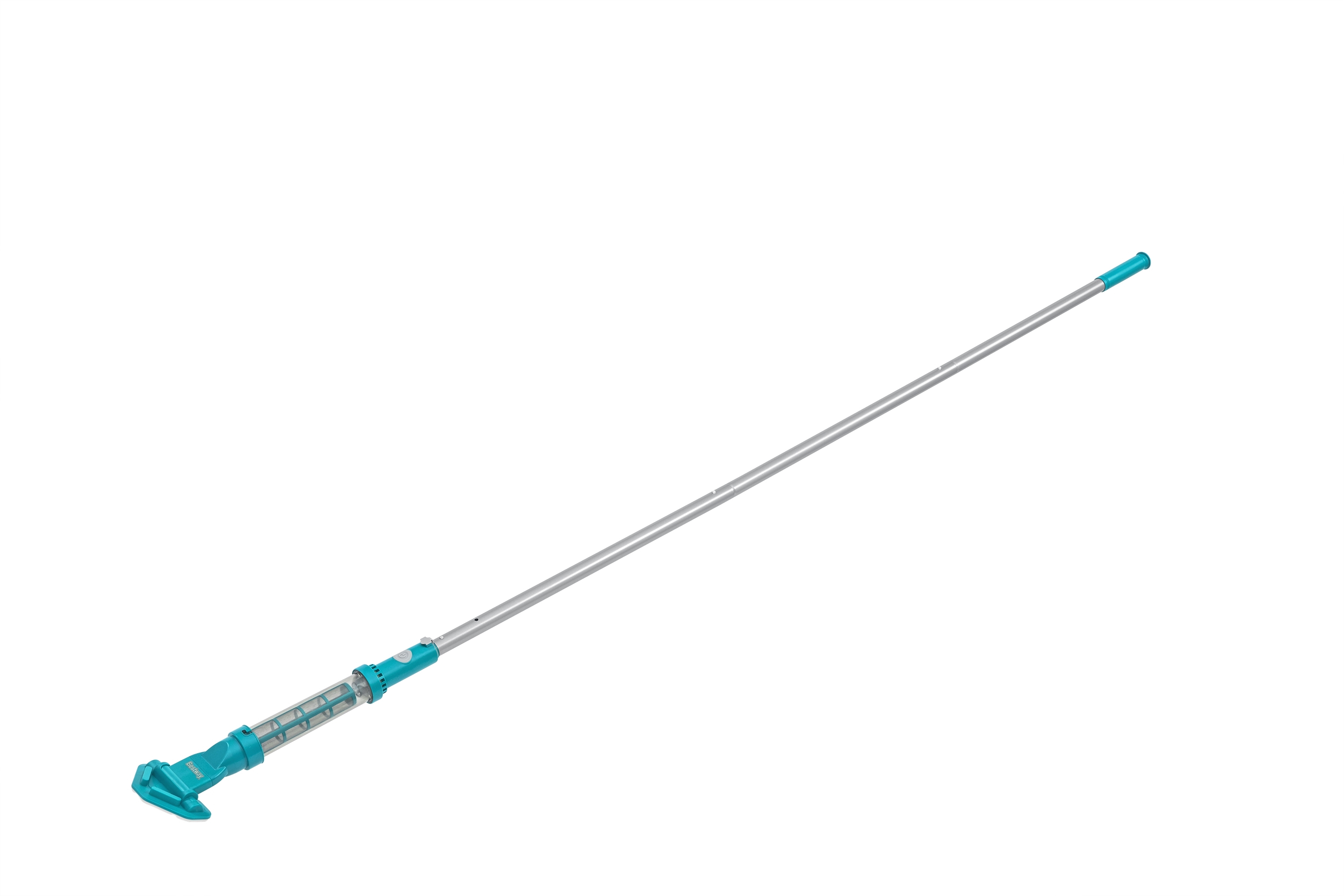 Un aspirapolvere per piscina con un lungo palo e una testina di pulizia blu.