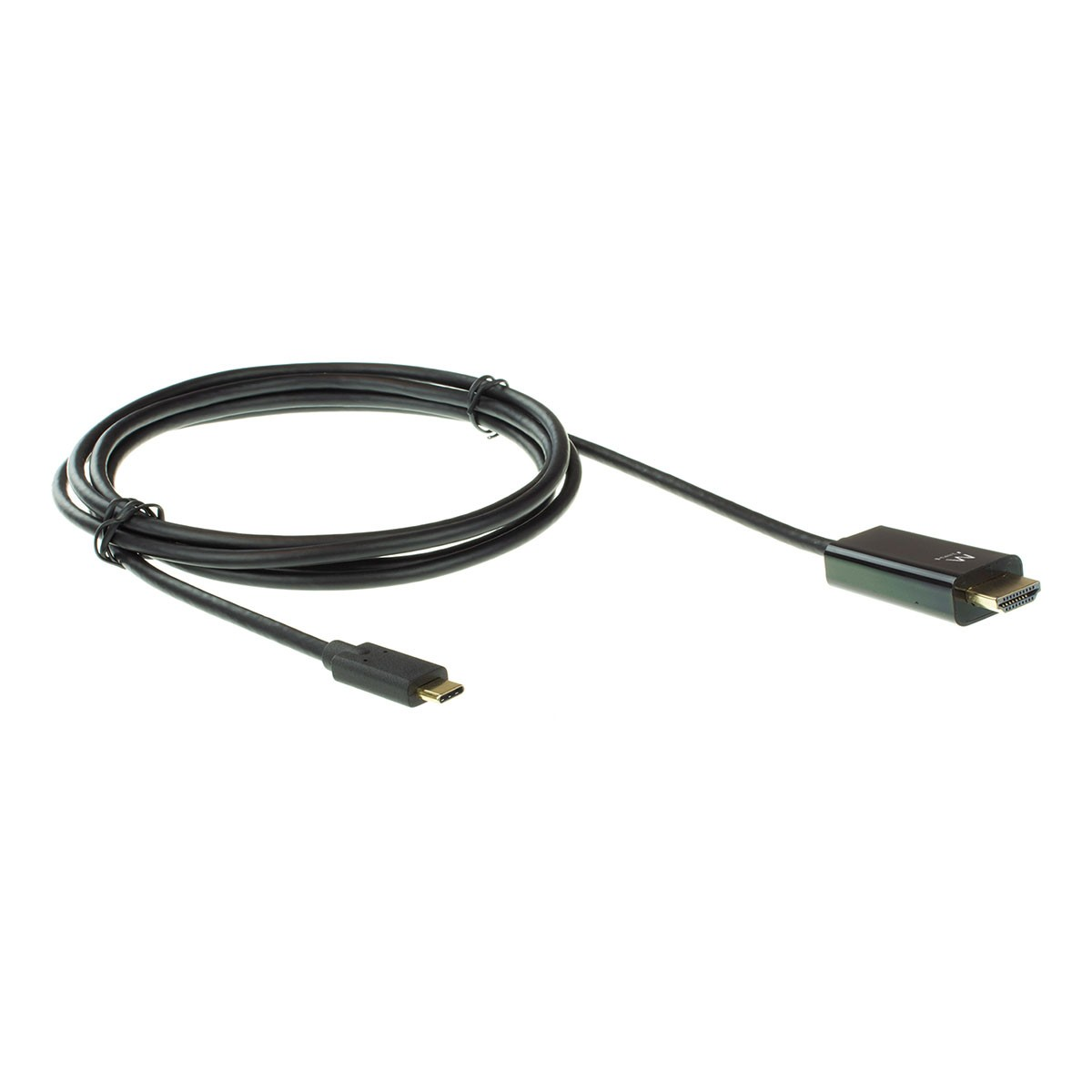 Un cavo nero USB-C a HDMI, arrotolato e su una superficie bianca, angolato a destra.