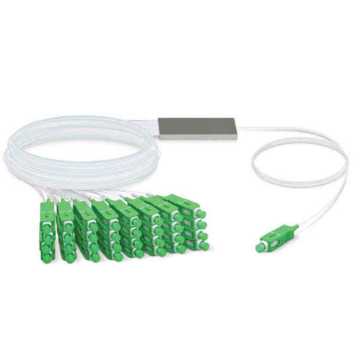 Varios conectores de fibra óptica verdes vinculados a un dispositivo. Cableado blanco visible.
