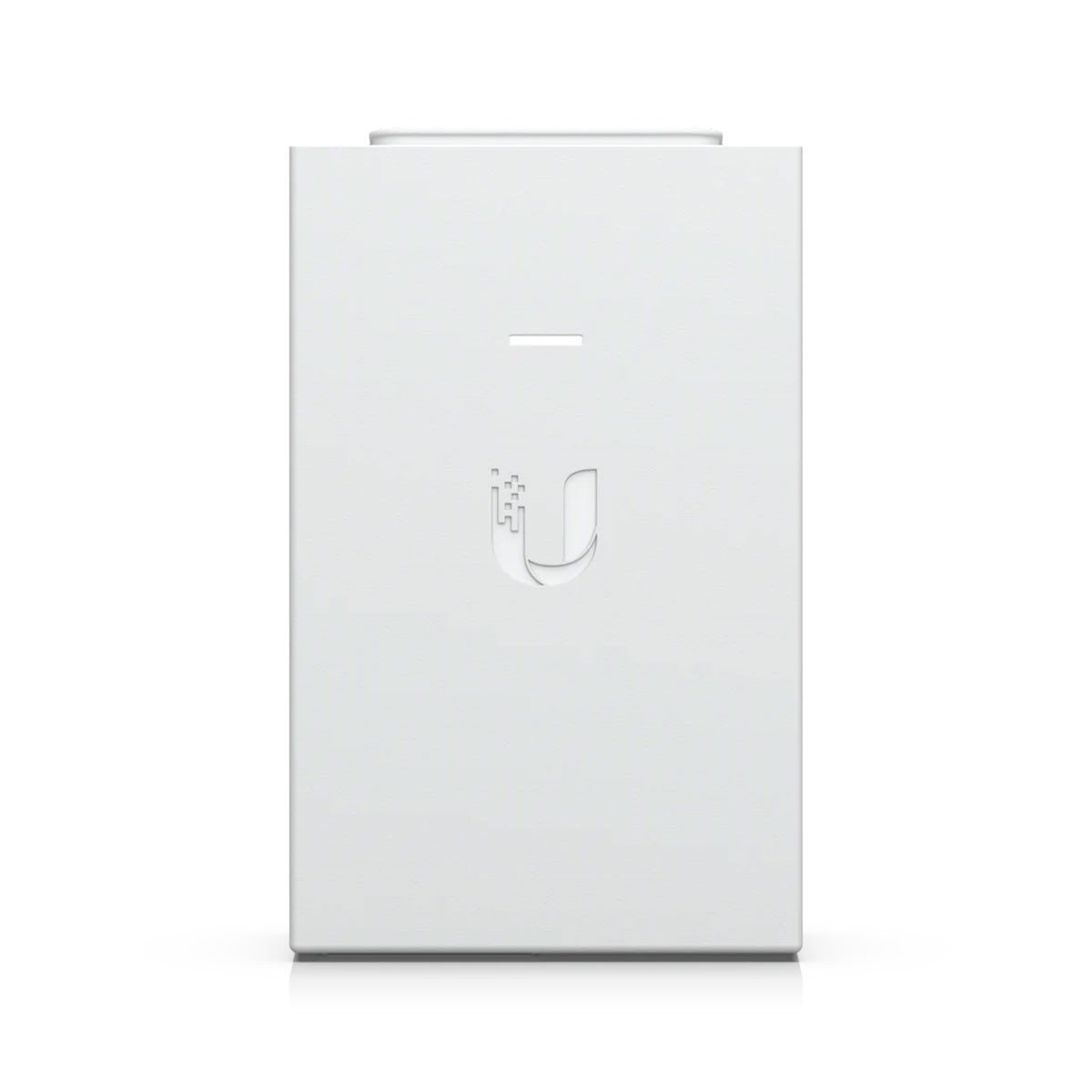 Un dispositivo rectangular blanco con un logotipo. Se aísla sobre un fondo blanco.