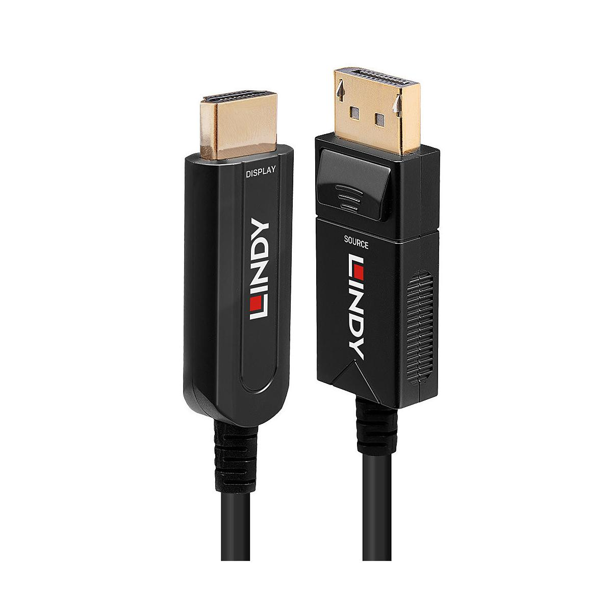 Dos cables DisplayPort Lindy negros con conectores sobre fondo blanco.