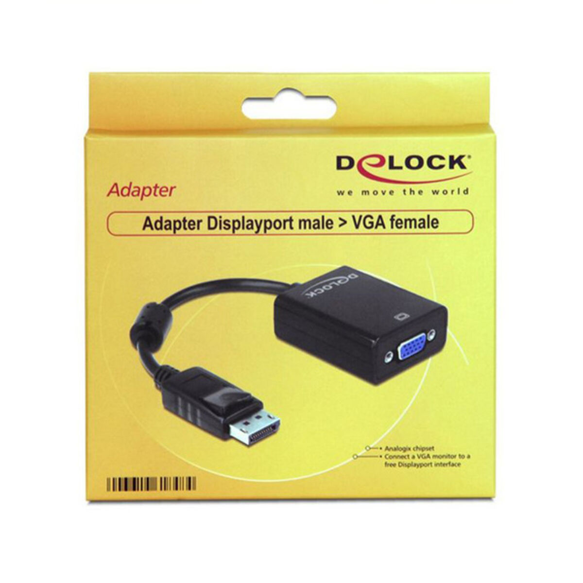 Caja amarilla con adaptador negro. Texto: 'Adapter Displayport male <gt/> VGA female'.