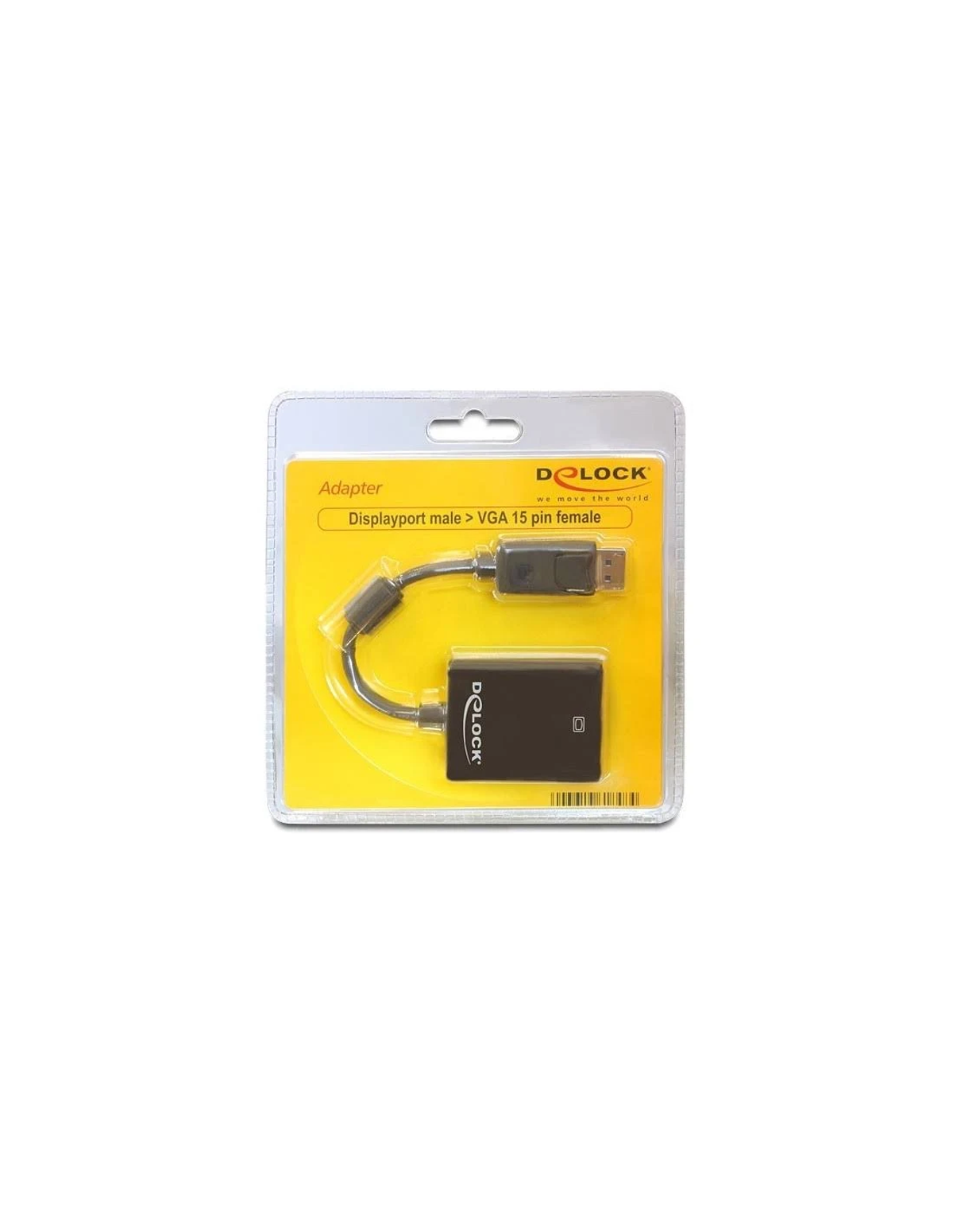 Adaptador DisplayPort a VGA en paquete plástico sobre fondo blanco.