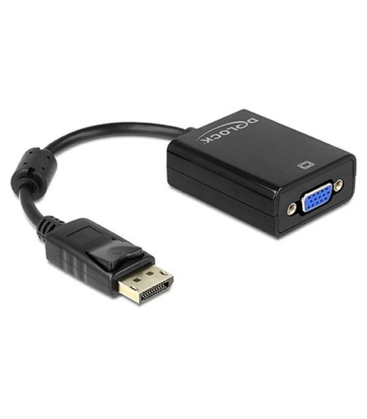 Adaptador Delock negro con DisplayPort y conector VGA.