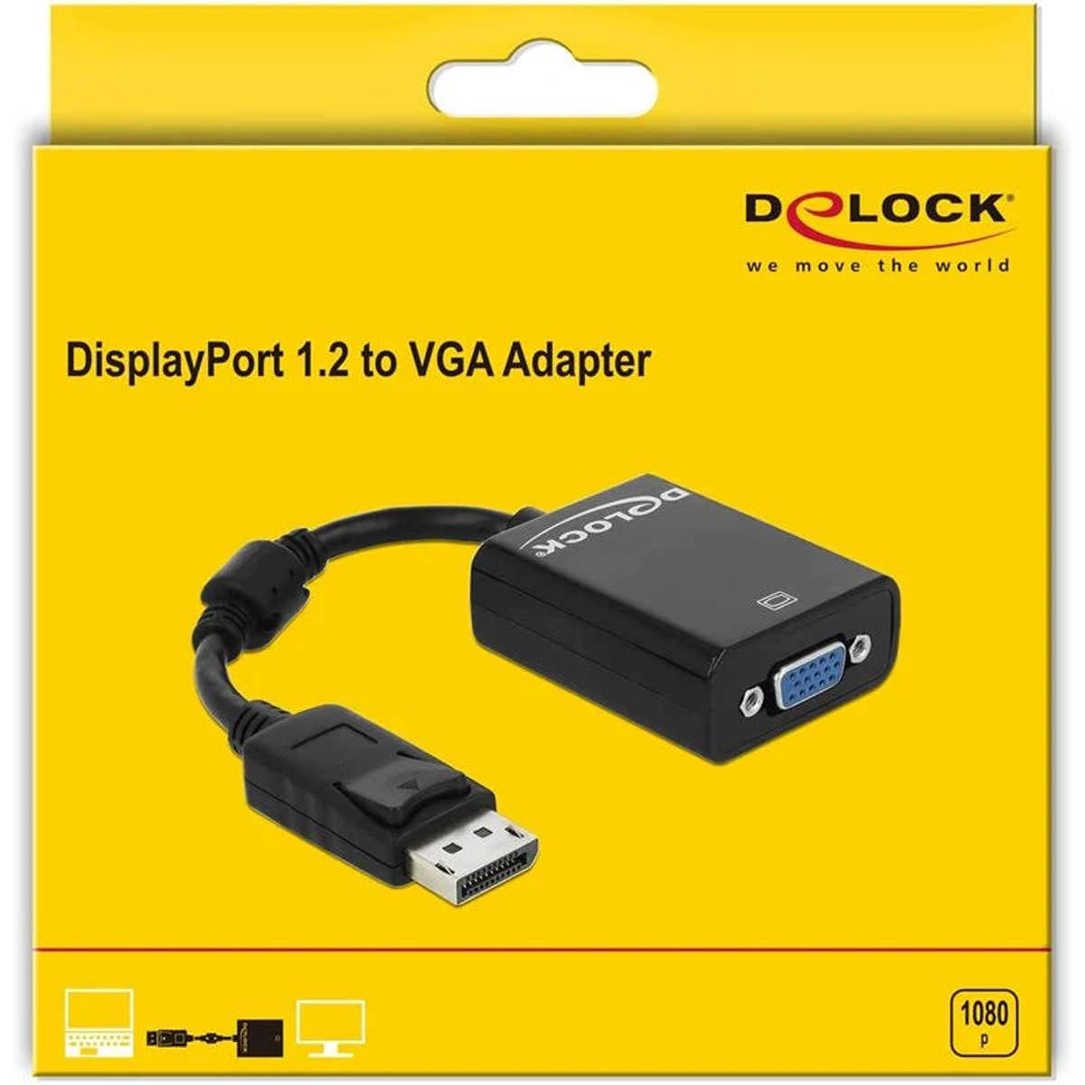 Adaptador DisplayPort a VGA en caja amarilla sobre fondo blanco.