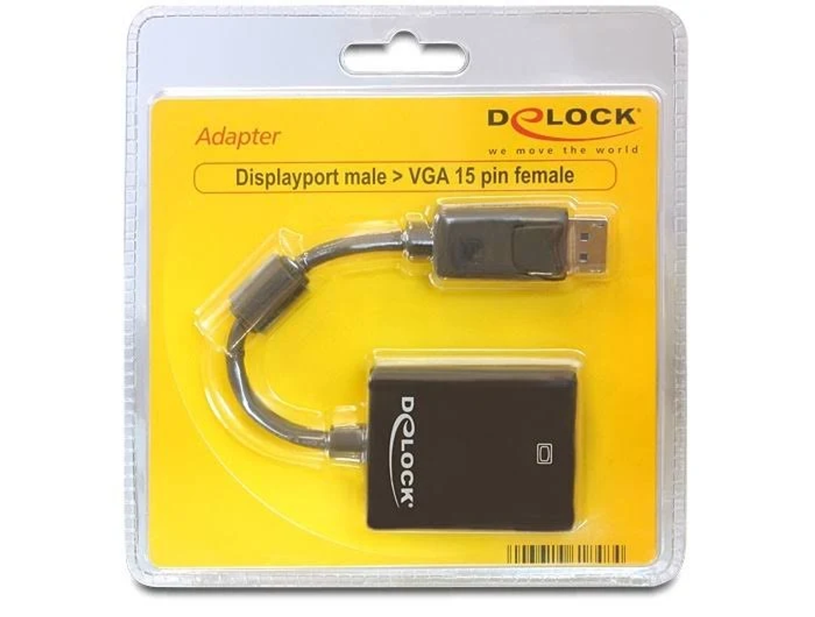 Blíster amarillo con adaptador DisplayPort a VGA negro dentro.