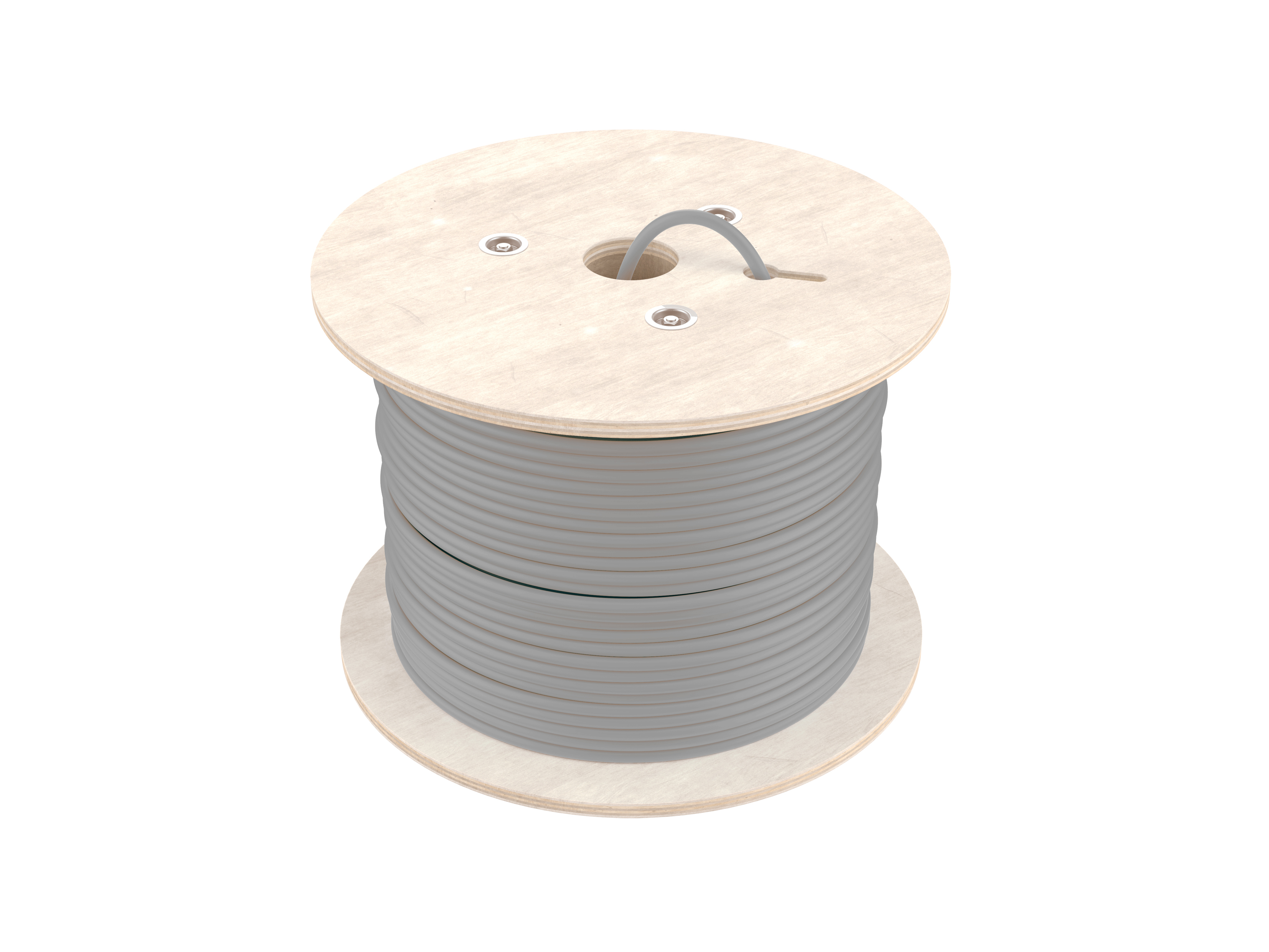 Un cable gris claro enrollado en un carrete de madera, sobre un fondo blanco.