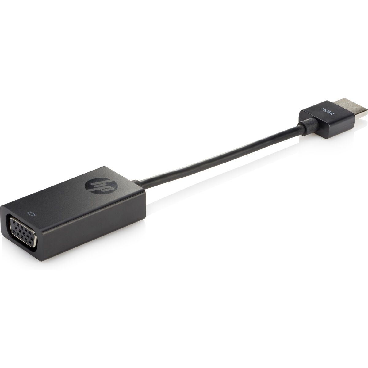 Adaptador HP negro con conectores VGA y HDMI.