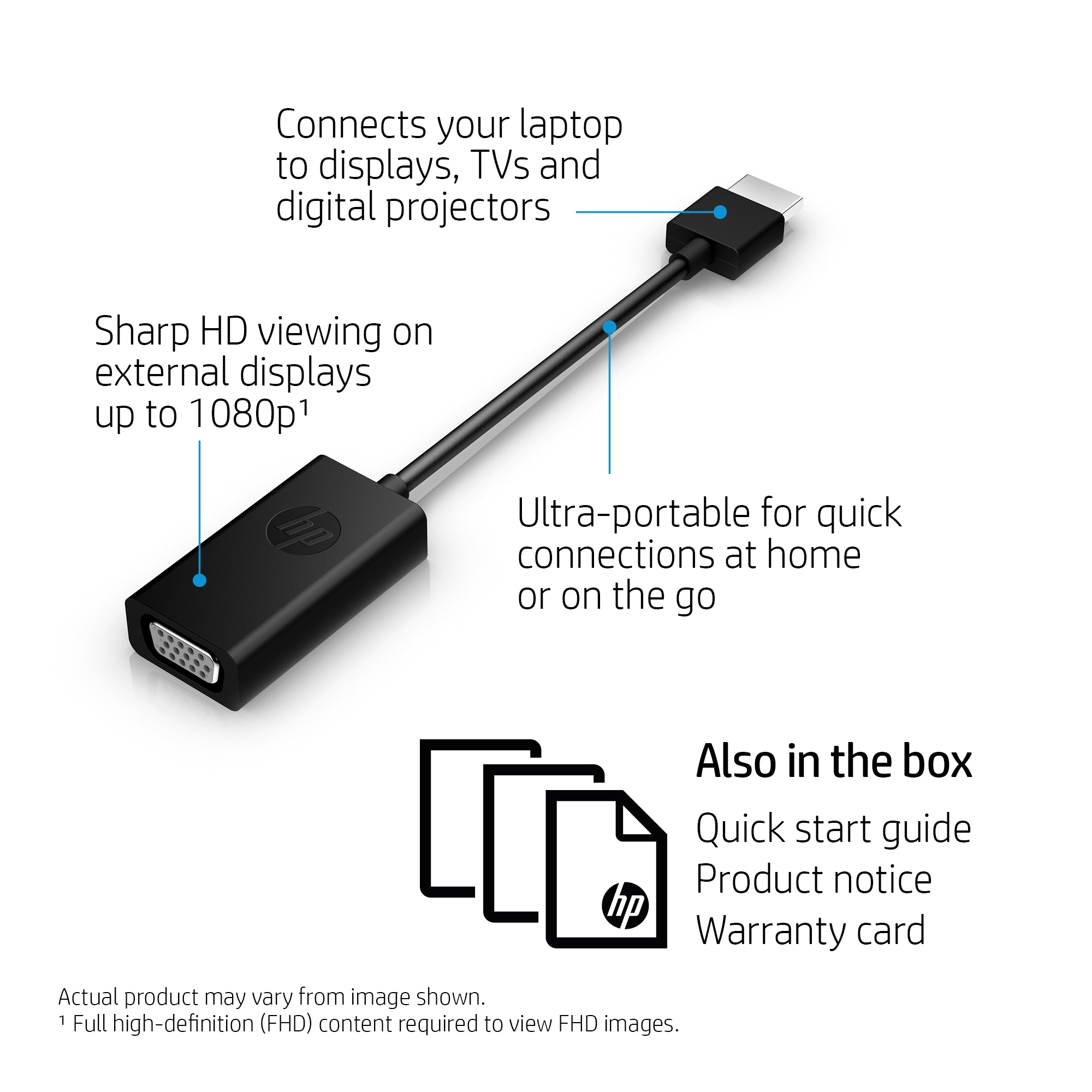 Cavo adattatore nero. Collega il laptop ai display. Ha una porta VGA e una porta HDMI.