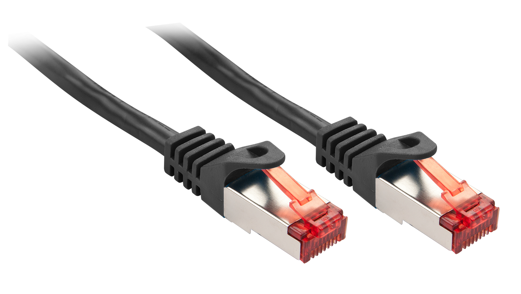 Dwa czarne kable Ethernet z złączami RJ45 na białym tle.