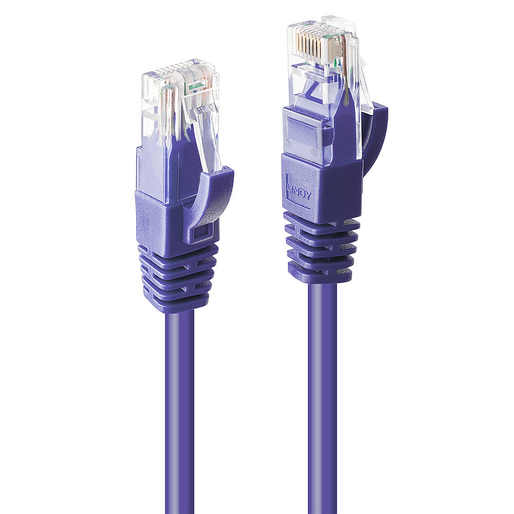 Twee paarse Ethernetkabels met connectoren. De achtergrond is wit.
