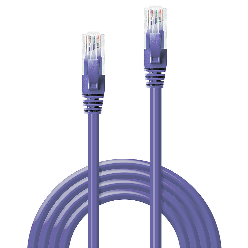 Twee paarse Ethernetkabels met connectoren. De achtergrond is wit.