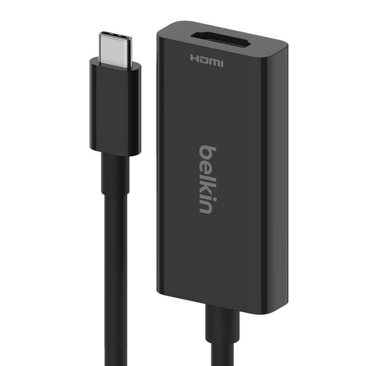 Cavo adattatore USB-C a HDMI nero con il marchio Belkin, su sfondo bianco.