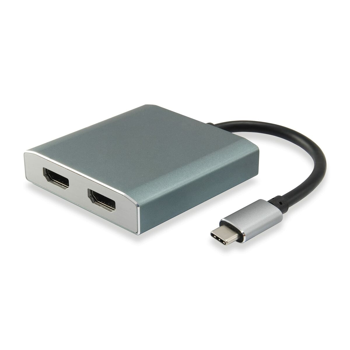 Un adaptador HDMI gris con un cable negro y un conector USB-C. Tiene dos puertos HDMI.